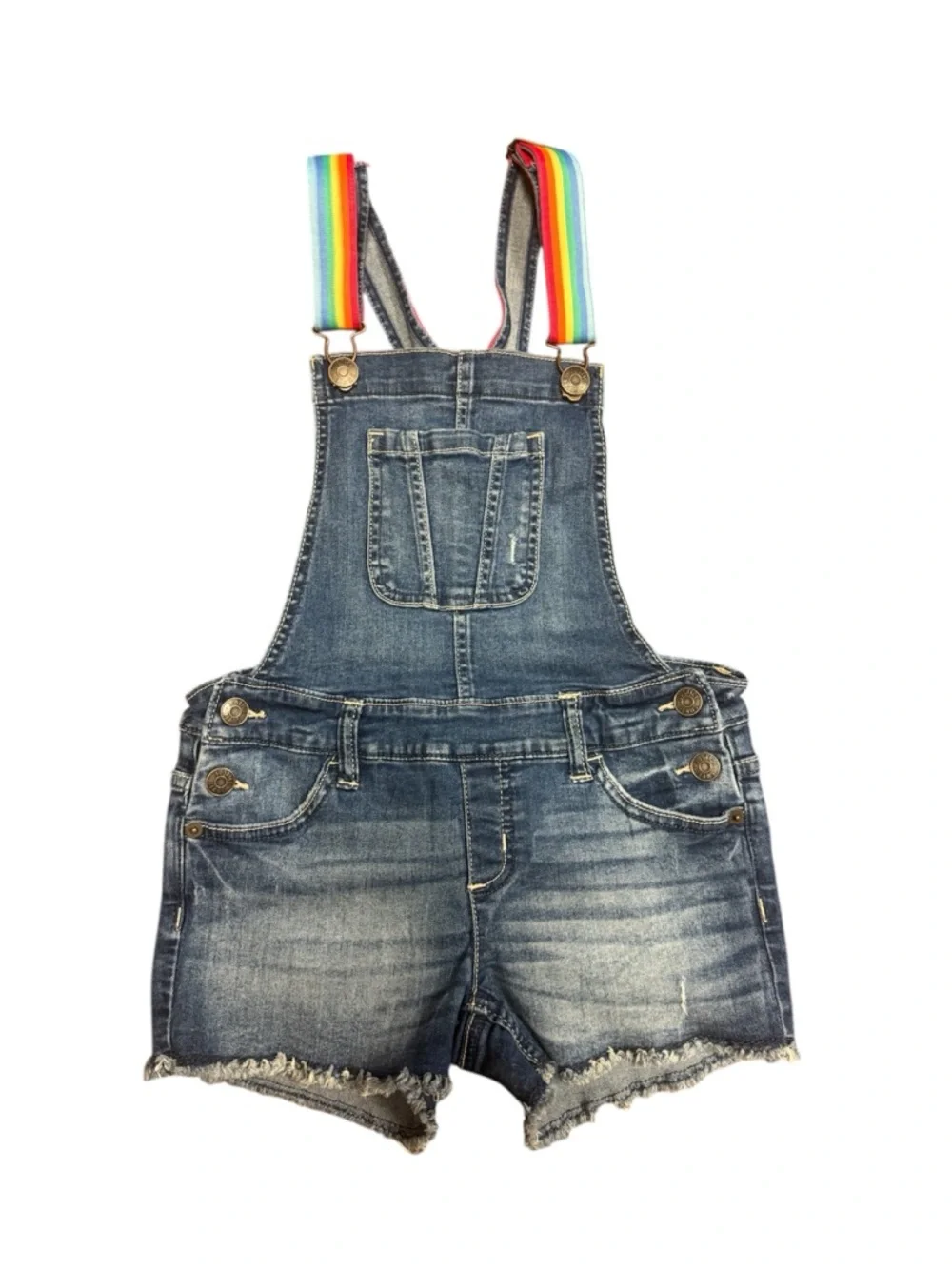Justice Girls Denim Shortalls Rainbow Straps Size XS Distressed Hem Like New